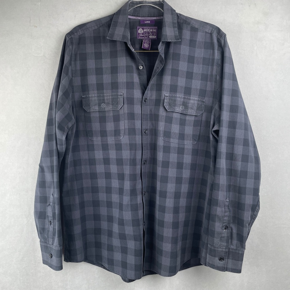 American Rag Slim Fit Plaid Button Down Shirt Long Sleeve Mens L Charcoal Gray‎